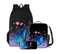 Poceacles Zaini per la scuola per ragazze con portapranzo, astuccio per il rientro a scuola, set di 3 zaino leggero per ragazzo, Farfalla floreale glitter