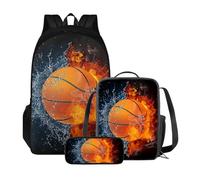 Poceacles Zaino da scuola per studenti di età compresa tra 10 e 12 anni, leggero, con borsa per il pranzo e astuccio per matite, Basket Fuoco Acqua, medium