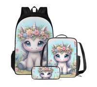 Poceacles Zaino da scuola per studenti di età compresa tra 10 e 12 anni, leggero, con borsa per il pranzo e astuccio per matite, Unicorno floreale, medium