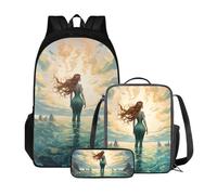 Poceacles Zaino da scuola per studenti di età compresa tra 10 e 12 anni, leggero, con borsa per il pranzo e astuccio per matite, Sirena Ragazza, medium