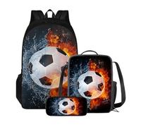 Poceacles Zaino da scuola per studenti di età compresa tra 10 e 12 anni, leggero, con borsa per il pranzo e astuccio per matite, Calcio Acqua Fuoco 1, medium