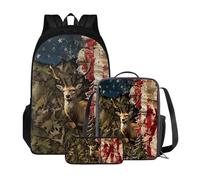 Poceacles Zaino per bambini, borsa per la scuola, borsa per il pranzo, astuccio 3 in 1, borsa per libri elementari elementari, zaino leggero da viaggio, Camo Bandiera Americana Cervo, Taglia unica