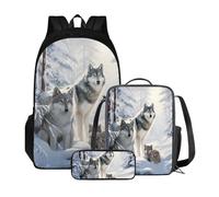 Poceacles Zaino per bambini, borsa per la scuola, borsa per il pranzo, astuccio 3 in 1, borsa per libri elementari elementari, zaino leggero da viaggio, Famiglia lupo, Taglia unica