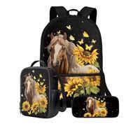 Poceacles Zaino per bambini con borsa per il pranzo e astuccio, zaino leggero per scuola materna elementare scuola media borsa libro, Cavallo Girasole Nero, Taglia unica