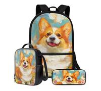 Poceacles Zaino per bambini con borsa per il pranzo e astuccio, zaino leggero per scuola materna elementare scuola media borsa libro, Corgi Dog, Taglia unica