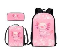 Poceacles Zaino per bambini con portapranzo da picnic, set di 3 pezzi, zaino casual per ragazzi o campeggio, viaggi all'aperto e sport, Axolotl Rosa, Taglia unica