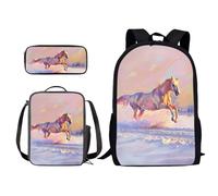 Poceacles Zaino per bambini con portapranzo da picnic, set di 3 pezzi, zaino casual per ragazzi o campeggio, viaggi all'aperto e sport, Cavallo, Taglia unica