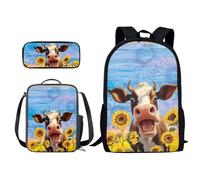 Poceacles Zaino per bambini con portapranzo da picnic, set di 3 pezzi, zaino casual per ragazzi o campeggio, viaggi all'aperto e sport, Girasole di mucca, Taglia unica