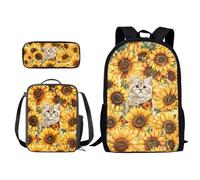 Poceacles Zaino per bambini con portapranzo da picnic, set di 3 pezzi, zaino casual per ragazzi o campeggio, viaggi all'aperto e sport, Girasole gatto, Taglia unica