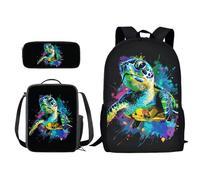 Poceacles Zaino per bambini, ragazze, ragazzi, set con portapranzo, astuccio per matite, scuola elementare, borsa per libri e escursionismo, Tartaruga colorata, Taglia unica
