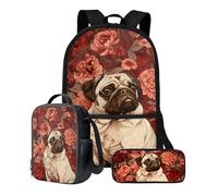Poceacles Zaino per la scuola, casual, zaino per la scuola, per ragazze e adolescenti, borsa per il pranzo, astuccio da viaggio, 3 in 1, Cane Carlino Peonia Fiore, Taglia unica