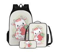 Poceacles Zaino scolastico con borsa per il pranzo e astuccio per ragazze e bambini, set da 3 pezzi, borsa per la scuola Mochila Escolar para NiñAs, Fragola Mucca