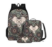 Poceacles Zaino scolastico con borsa per il pranzo e astuccio per ragazze e bambini, set da 3 pezzi, borsa per la scuola Mochila Escolar para NiñAs, Boho Mandala Elefante Retro