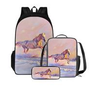 Poceacles Zaino scolastico con borsa per il pranzo e astuccio per ragazze e bambini, set da 3 pezzi, borsa per la scuola Mochila Escolar para NiñAs, Cavallo