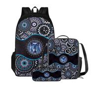Poceacles Zaino scolastico con borsa per il pranzo e astuccio per ragazze e bambini, set da 3 pezzi, borsa per la scuola Mochila Escolar para NiñAs, Boho Mandala Wolf