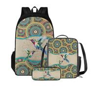Poceacles Zaino scolastico con borsa per il pranzo e astuccio per ragazze e bambini, set da 3 pezzi, borsa per la scuola Mochila Escolar para NiñAs, Colibrì mandala bohémien