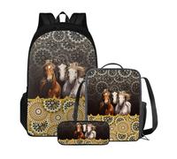 Poceacles Zaino scolastico con borsa per il pranzo e astuccio per ragazze e bambini, set da 3 pezzi, borsa per la scuola Mochila Escolar para NiñAs, Boho Mandala Cavallo
