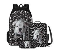 Poceacles Zaino scolastico con borsa per il pranzo e astuccio per ragazze e bambini, set da 3 pezzi, borsa per la scuola Mochila Escolar para NiñAs, Zampa Bulldog Francese