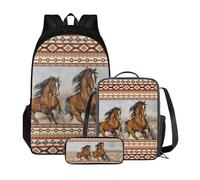 Poceacles Zaino scolastico con borsa per il pranzo e astuccio per ragazze e bambini, set da 3 pezzi, borsa per la scuola Mochila Escolar para NiñAs, Cavallo tribale azteco