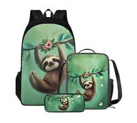 Poceacles Zaino scolastico con borsa per il pranzo e astuccio per ragazze e bambini, set da 3 pezzi, borsa per la scuola Mochila Escolar para NiñAs, Simpatico bradipo verde