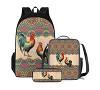 Poceacles Zaino scolastico con borsa per il pranzo e astuccio per ragazze e bambini, set da 3 pezzi, borsa per la scuola Mochila Escolar para NiñAs, Boho Mandala Pollo