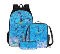Poceacles Zaino scolastico con borsa per il pranzo e astuccio per ragazze e bambini, set da 3 pezzi, borsa per la scuola Mochila Escolar para NiñAs, Glitter Farfalla Blu