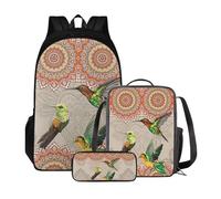 Poceacles Zaino scolastico con borsa per il pranzo e astuccio per ragazze e bambini, set da 3 pezzi, borsa per la scuola Mochila Escolar para NiñAs, Boho Mandala Colibrì