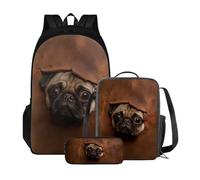 Poceacles Zaino scolastico con borsa per il pranzo e astuccio per ragazze e bambini, set da 3 pezzi, borsa per la scuola Mochila Escolar para NiñAs, Cane Carlino Marrone
