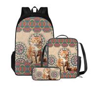 Poceacles Zaino scolastico con borsa per il pranzo e astuccio per ragazze e bambini, set da 3 pezzi, borsa per la scuola Mochila Escolar para NiñAs, Gattino Mandala Boho