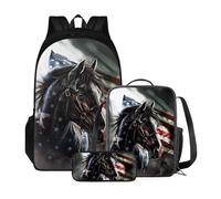 Poceacles Zaino scolastico con borsa per il pranzo e astuccio per ragazze e bambini, set da 3 pezzi, borsa per la scuola Mochila Escolar para NiñAs, Cavallo Bandiera Usa