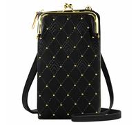 Pochette a tracolla per smartphone trapuntata effetto rombi borchie dorate nera