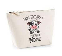 Pochette Beige con Scritta Personalizzato con Nome - Non Toccare! Mucca Kawaii di Cattivo Umore | Beauty Case in Cotone 3 L, 28 × 19 × 9 cm, Zip in Metallo | Trucco Scuola Cavi