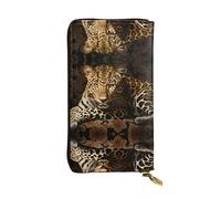Pochette da donna di grande capacità, portafoglio multi-slot per carte di credito contanti monete, tasca portaoggetti con cerniera. Portafoglio lungo in pelle con frammenti di stampa leopardata, Nero