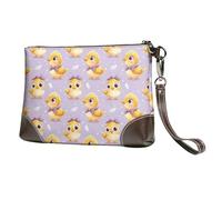 Pochette da polso da donna, con stampa pulcino e fiocco viola, in pelle