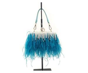 Pochette da sera alla moda in pelliccia con perle, borse eleganti donna, borsetta banchetto in pelo di struzzo(Blue)