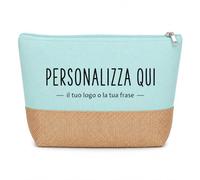 Pochette in Cotone Canvas e Juta con Zip, Beauty Case Multiuso azzurro