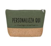 Pochette in Cotone Canvas e Juta con Zip, Beauty Case Multiuso verde scuro