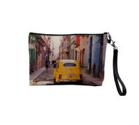 Pochette in lino - Auto gialla vintage in Les Rue de Cuba Collection America del Sud - Astuccio per trucco in tela effetto lino, astuccio da bagno, 23,5 x 15 cm, Auto gialla, 23.5 x 15 cm, Astuccio