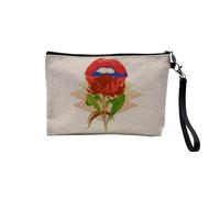 Pochette in lino - Botanica Collage Nature Fiori Vintage Illustration Streetwear Zoomer - Astuccio per trucco in tela effetto lino, astuccio da toilette - Portamonete, Fiori labbra, 23.5 x 15 cm,
