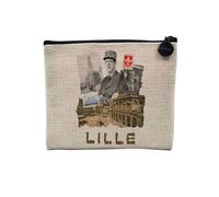 Pochette in lino - Collezione Città della Francia Style Skyline Patrimonio Regione Storia Monumento - Astuccio trucco in tela effetto lino - Astuccio da toilette - Portamonete, Lille Collage, 15 x 10
