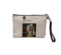 Pochette in lino, collezione di reti sociali, parodia pittore, pittura classica romantica, astuccio per trucco in tela, effetto lino, astuccio da bagno, portamonete, Vermeer, 23.5 x 15 cm, Astuccio
