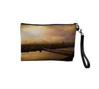 Pochette in lino, motivo: città all'ora del tramonto, ponte traversa il fiume cielo dorato, astuccio per trucco in tela, effetto lino, astuccio da bagno, 23,5 x 15 cm, Fiume Cielo D'oro, 23.5 x 15 cm,