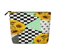 Pochette per cosmetici da donna con motivo a patchwork di girasoli e api, a quadri bianchi e neri, portatile, ideale per i viaggi, con cerniera e chiusura organizer.