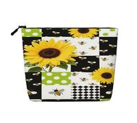 Pochette per cosmetici da donna con motivo a pois verdi e girasoli, ideale per i viaggi, portatile, con cerniera e chiusura a zip.