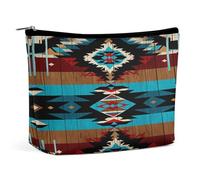 Pochette per il trucco con motivo geometrico tribale e texture effetto legno, organizer da viaggio per articoli da toilette, pochette cosmetica per donna, regalo di compleanno per mamma, ragazze, donn