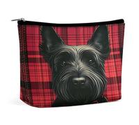 Pochette per il trucco con motivo Scottish Terrier a quadri e papillon su sfondo rosso, organizer da viaggio per articoli da toilette, pochette cosmetica per donna, regalo di compleanno per mamma, rag