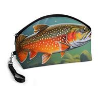 Pochette per il trucco curva con stampa di trota di torrente e pesca a mosca per donne e ragazze, con pennelli per il trucco, accessori per la cura della pelle e la bellezza.