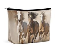 Pochette per il trucco, trousse da viaggio per cosmetici, astuccio organizer per il trucco con stampa di tre cavalli al galoppo, pochette con ampia apertura, accessori da viaggio essenziali, articoli