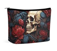 Pochette per il trucco, trousse da viaggio per cosmetici, astuccio organizer per il trucco con stampa di un poster con teschio, pochette con ampia apertura, accessori essenziali per il viaggio, artico