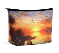 Pochette per il trucco, trousse da viaggio per cosmetici, astuccio organizer per il trucco con stampa di paesaggio al tramonto, pochette con ampia apertura, accessori da viaggio essenziali, accessori
